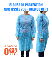 Blouse de protection non tisse 25g - avec poignets lastiques - Coloris bleu ou vert 