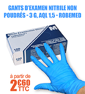 Gants d'examen nitrile non poudrs - Bote de 100 - Bleu - 3g - Aql 1,5 - Boite de 100 - Robemed