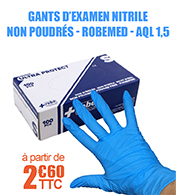 Gants d'examen nitrile non poudrs Robemed,  Bote de 100 - Bleu - 3 g - Aql 1,5 materiel medical