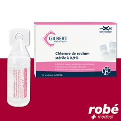 Srum physiologique Gilbert strile 0.9% - Monodose de 50 ml - Bote de 32 doses.